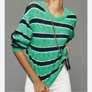 Maeve Green and Navy Striped Crewneck Sweater